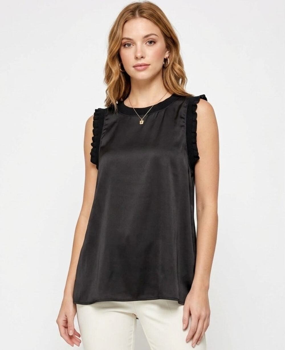 Ophelia Roe Tunic Top, Small, Black Satin Ruffle Sleeveless Summer Office Blouse